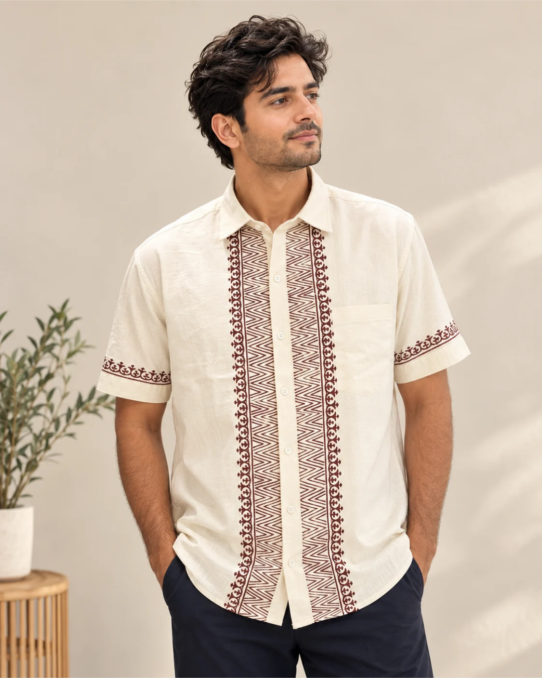 Man wearing the Maroon Wave hand block-painted pure khadi half sleeve shirt in off-white Cloud Weave