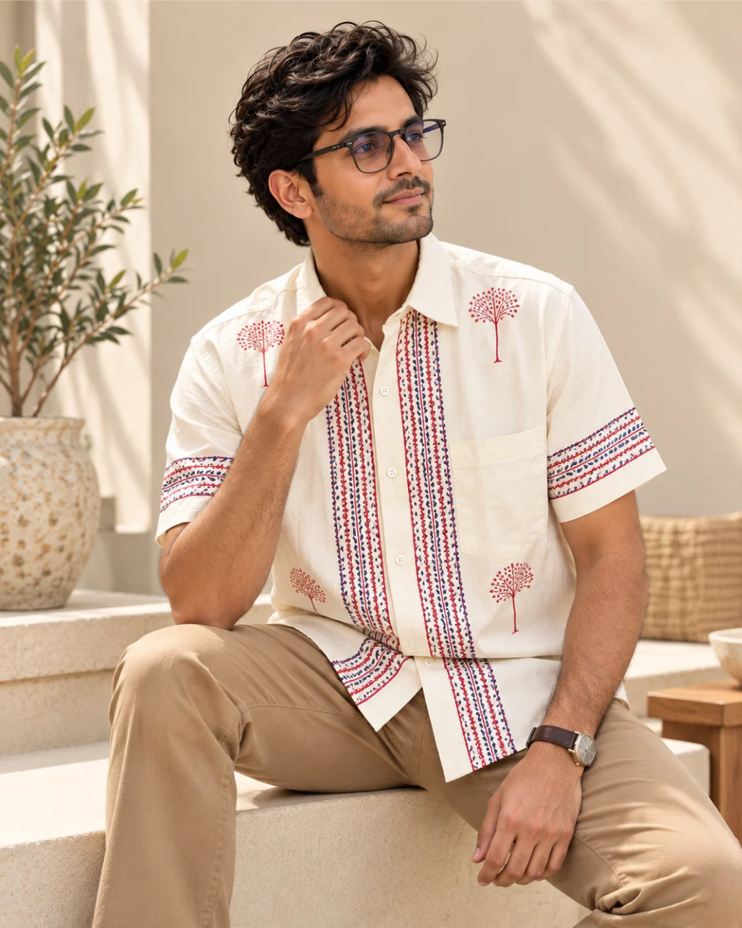 Man wearing the Tree of Life hand block-painted pure khadi half sleeve shirt in off-white Cloud Weave